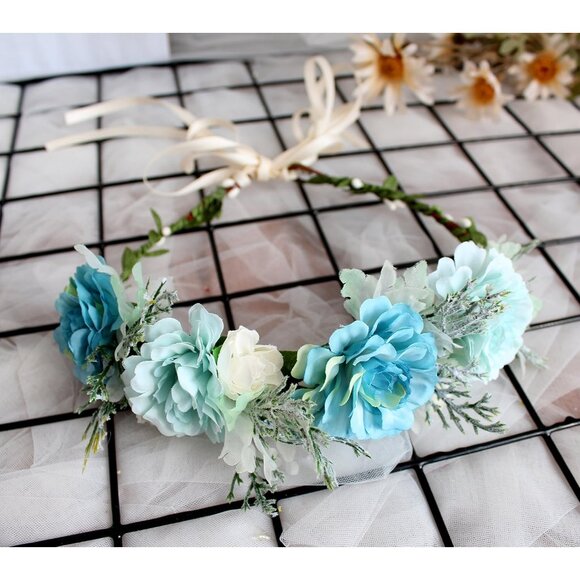 Blue Floral Headband Women Girls Wedding Festival Boho Bridal Costume Accessory - Picture 5 of 9